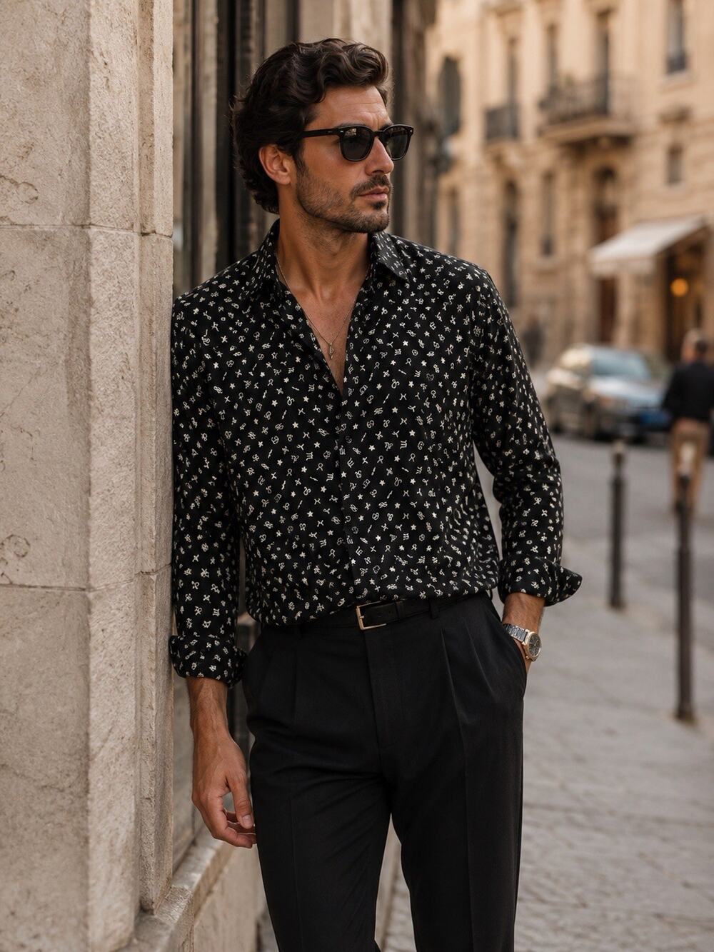 Saint Laurent Paris YSL Black Zodiac Star Print Viscose Button Shirt Size 40 Med